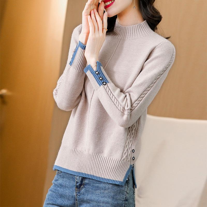 Pulover Tricotat cu Gât Semi-Înalt pentru Femei Toamna și Iarna Culoare Solidă Mâneci Lungi Larg Pulover Casual și Călduros