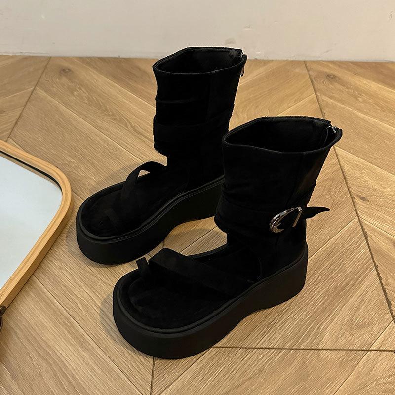Thick-soled heightening trousers, cool boots for women's 2025 summer new small soft-soled cover-toe sandals heightening Roman women's shoes