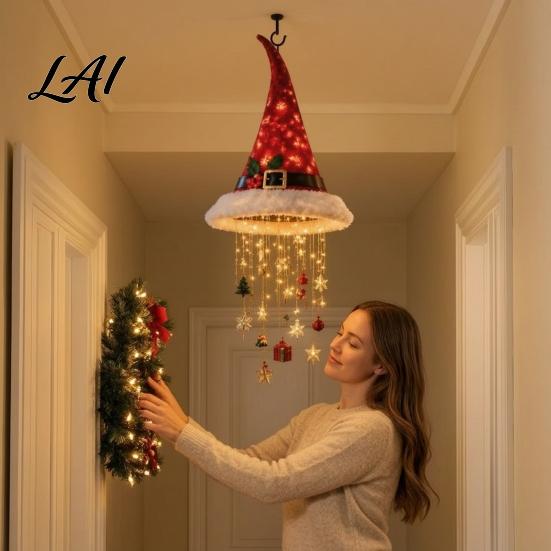 Reusable Xmas Entrance Decorations Lighted Santa Hat Hanging Chandelier Warm LED Christmas String Sequined Cone Pendant Decor with Housewarming