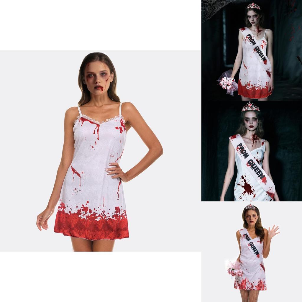 Halloween Ghost Bride Costume With Shoulder Straps And Handheld Bouquet For Cosplay And Party Events