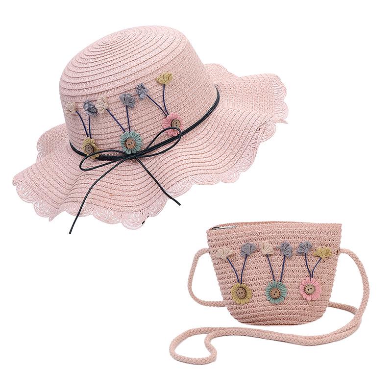 Korean-Style Kids' Floral Straw Hat & Bag Set - Sun Protection Beach Hat
