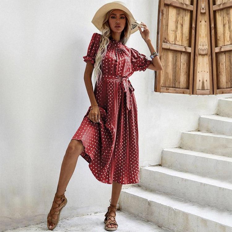 Women's Casual Crew Neck Polka Dot Printed Pleated Dress Short Long Sleeve Tie Spring Summer Mediumn