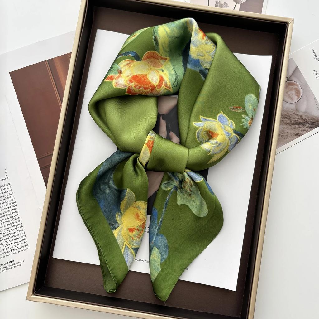 Luxury Satin Print Square Scarf Women Soft Hairband Neckerchief Office Hijab Headband Foulard Bag Ribbons Gift