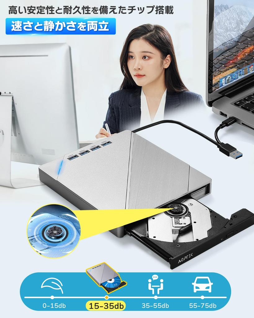 Externes USB externes BD silber [Neu 2025] Blu-ray-Laufwerk, Blu-ray-Laufwerk, 3.0 & Typ-C-Anschluss, BD/CD/DVD-Player, Lesen/Schreiben, Blu-ray-Player,