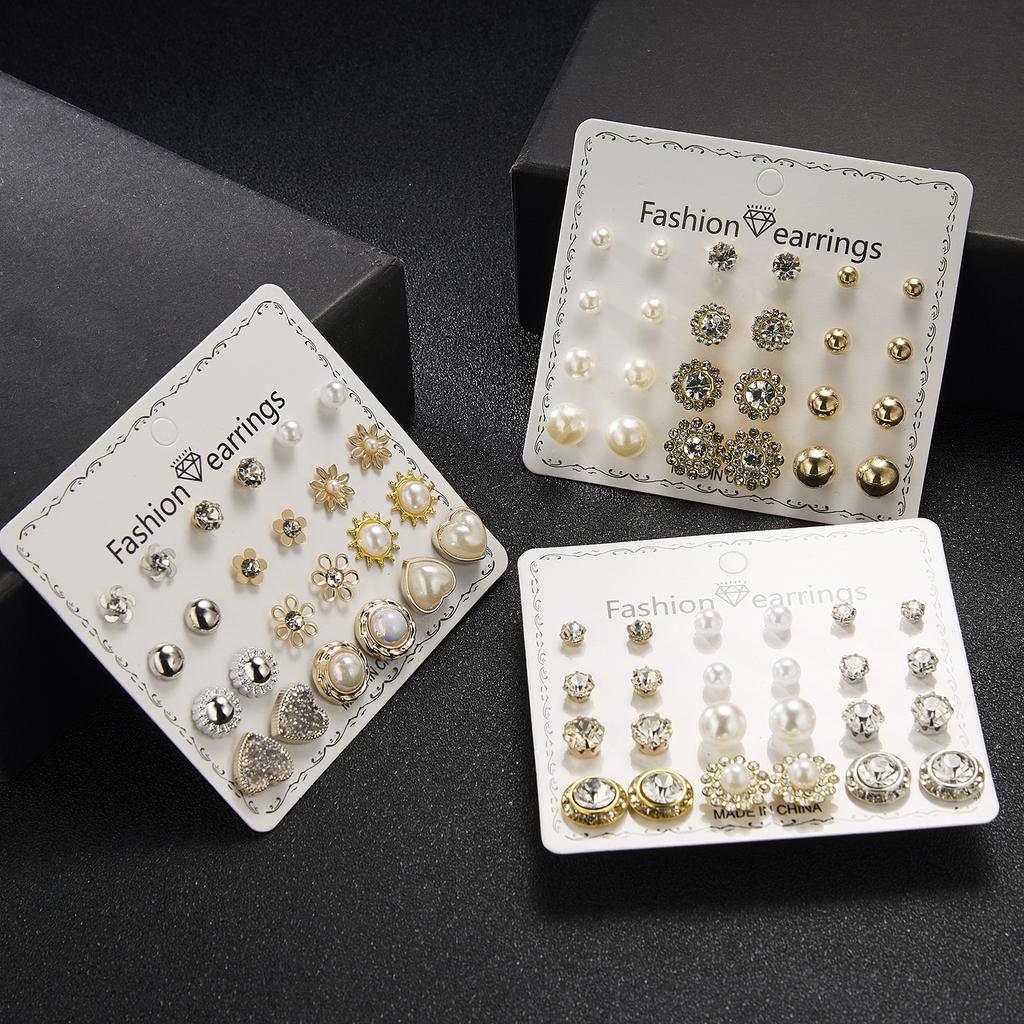 12 Pairs/Lot Heart Flower Earrings Set For Women Rhinestone Simulated Pearl Sun Star Stud Earrings Girls Party Jewelry Wholesale
