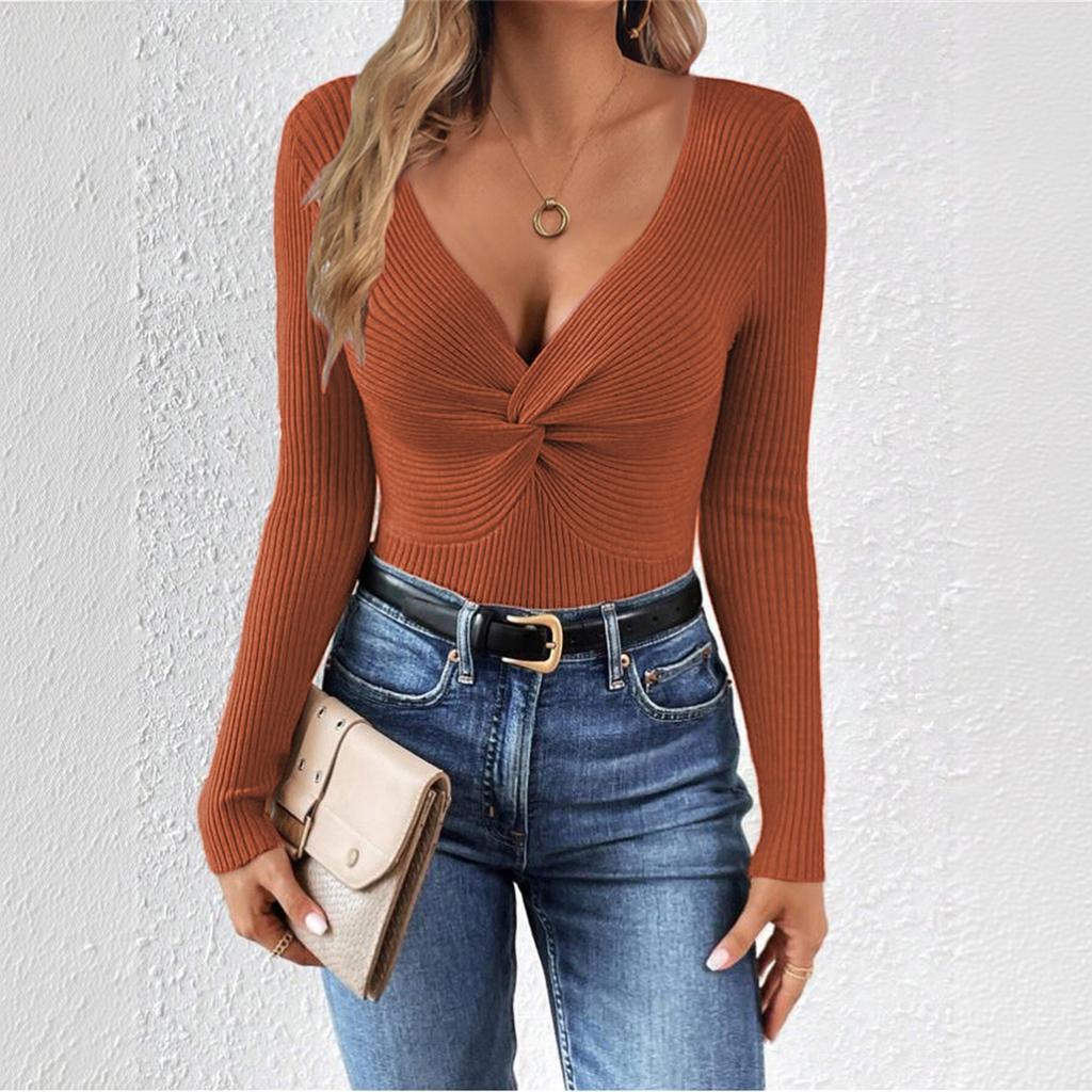 Women V Neck Twist Knot Knit Sweater Long Sleeve Slim Fit Casual Pullover Top Stretchy Soft Fabric