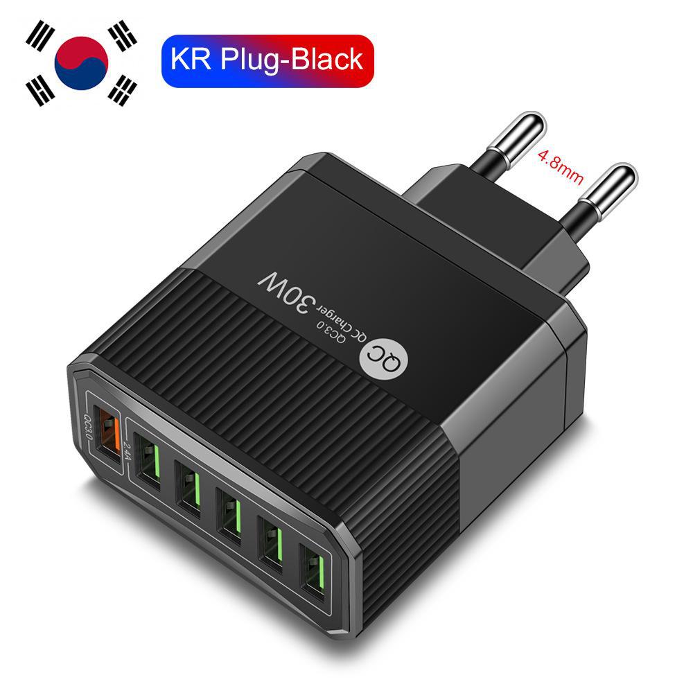 30W 6-Port QC3.0 Multi-Plug Fast Charger for EU, US, UK, & Korea
