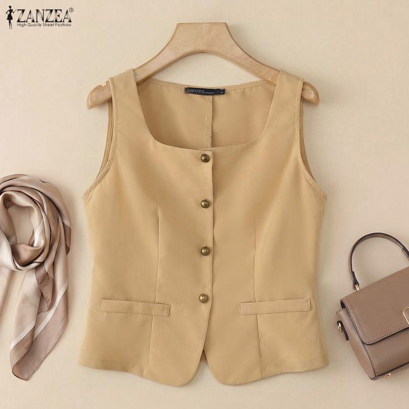 ZANZEA Canottiere Casual da Donna con Scollo a U, Colore Unico, Vestibilità Larga, Senza Maniche