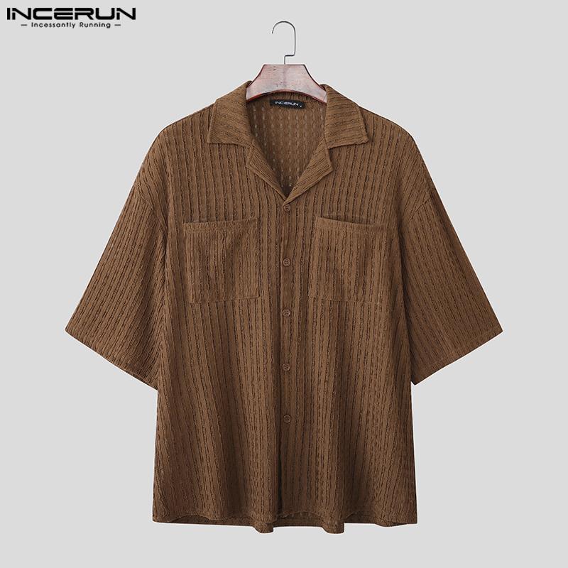 INCERUN Plus Size Men Lapel Neck Short Sleeve Texture Casual Shirts Tops