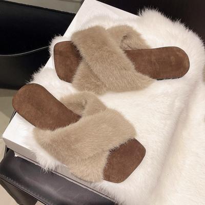 Fashion Square Toe Women Flats Fur Slippers Designer Elegant Shoes 2025 Winter New Flip Flops Fashion Casual Sandals Dress Zapatos Mujer