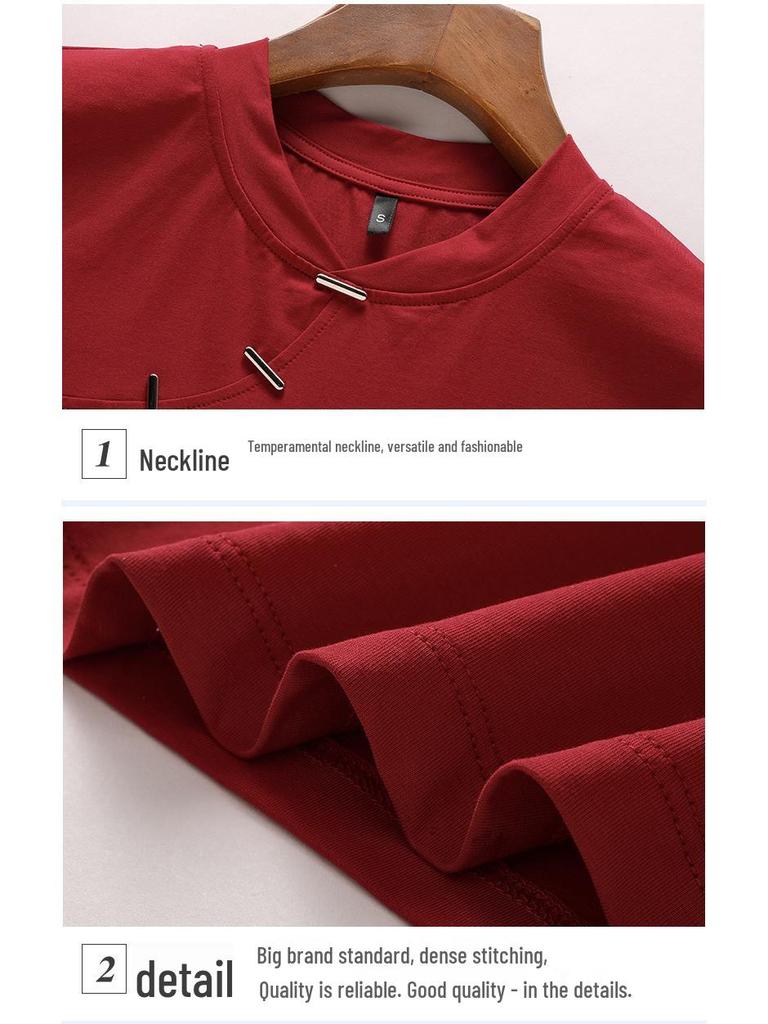 Enhanced Slim Fit Minimalist Cotton T-Shirt with Chinese and Korean Style Buttons - Short Sleeve Women's Top