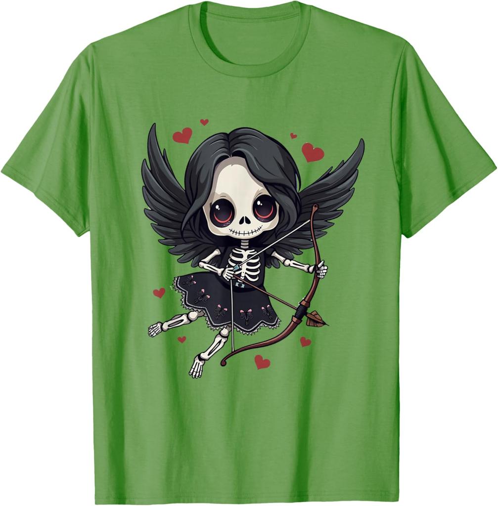 Gothic Skeleton Cupid Dark Valentine Kawaii Angel Graphic Tee Casual Cotton T-Shirt