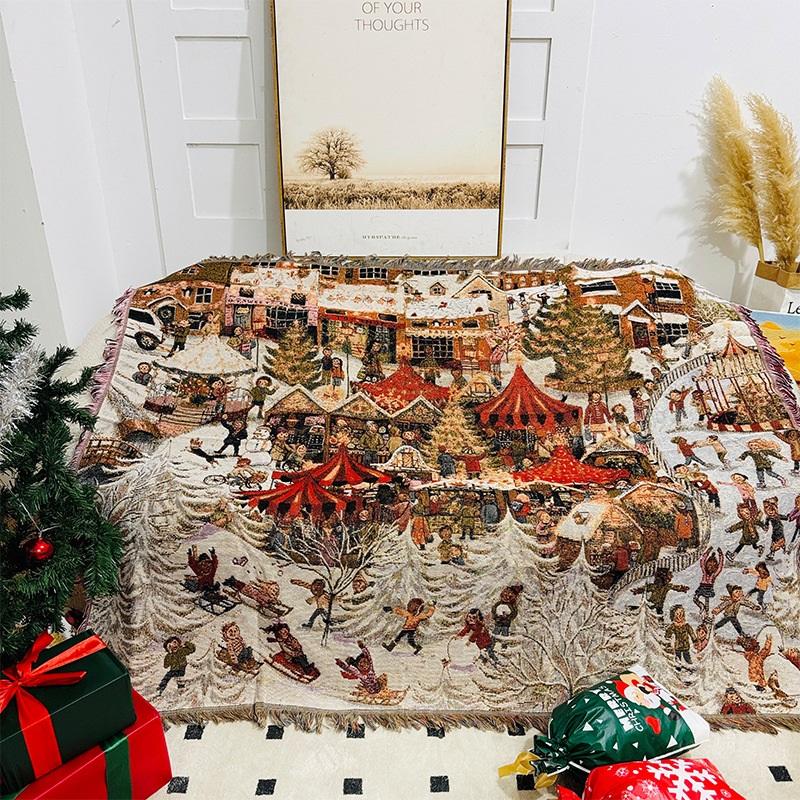 Retro Cartoon Sofa Blanket Cotton Throw Warm Christmas Living Room Couch Towel Soft Cozy Sofa Cover Decorative Blanket