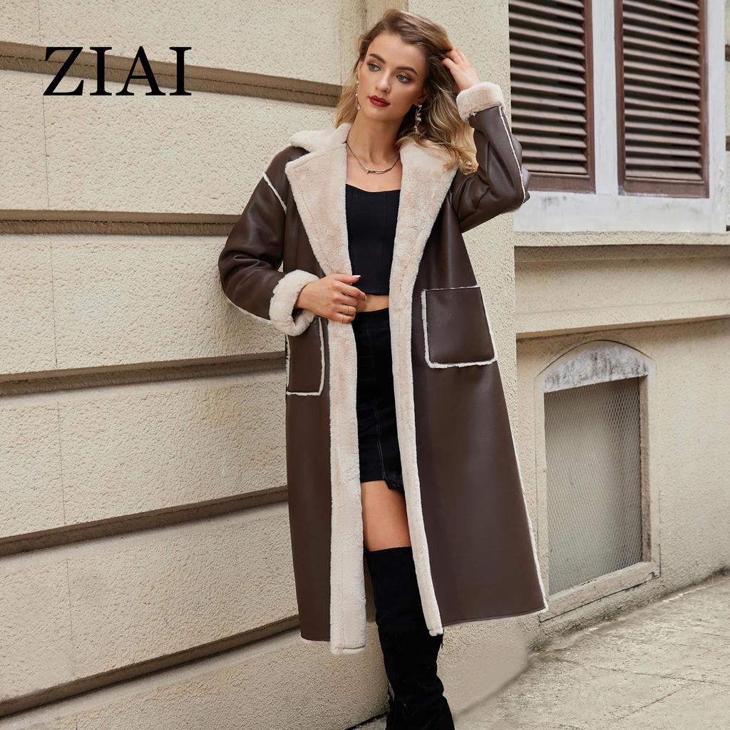 ZIAI 2024 Winter Faux Leather Jacket Women Long Warm Plush Fur Collar Padded Coat Fashion Pocket Cotton Female PU Parkas K18