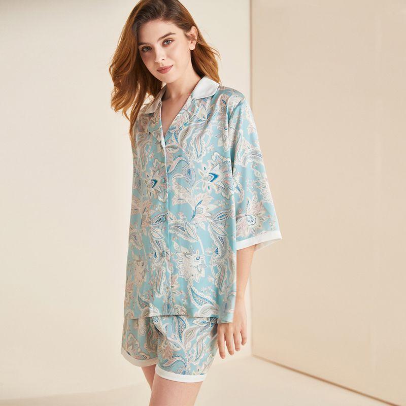 

Fresh Blue Fancy Pajamas Female Summer New Thin Short Sleeve Pajamas Suit Print Ice Silk Silks and Satins Homewear Clear Blue Free size 45.00 kg-70.00 kg wearable