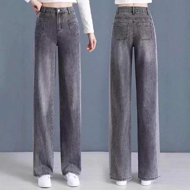 Plus Size Smoke Gray High-Waist Casual Women's Wide Leg Jeans