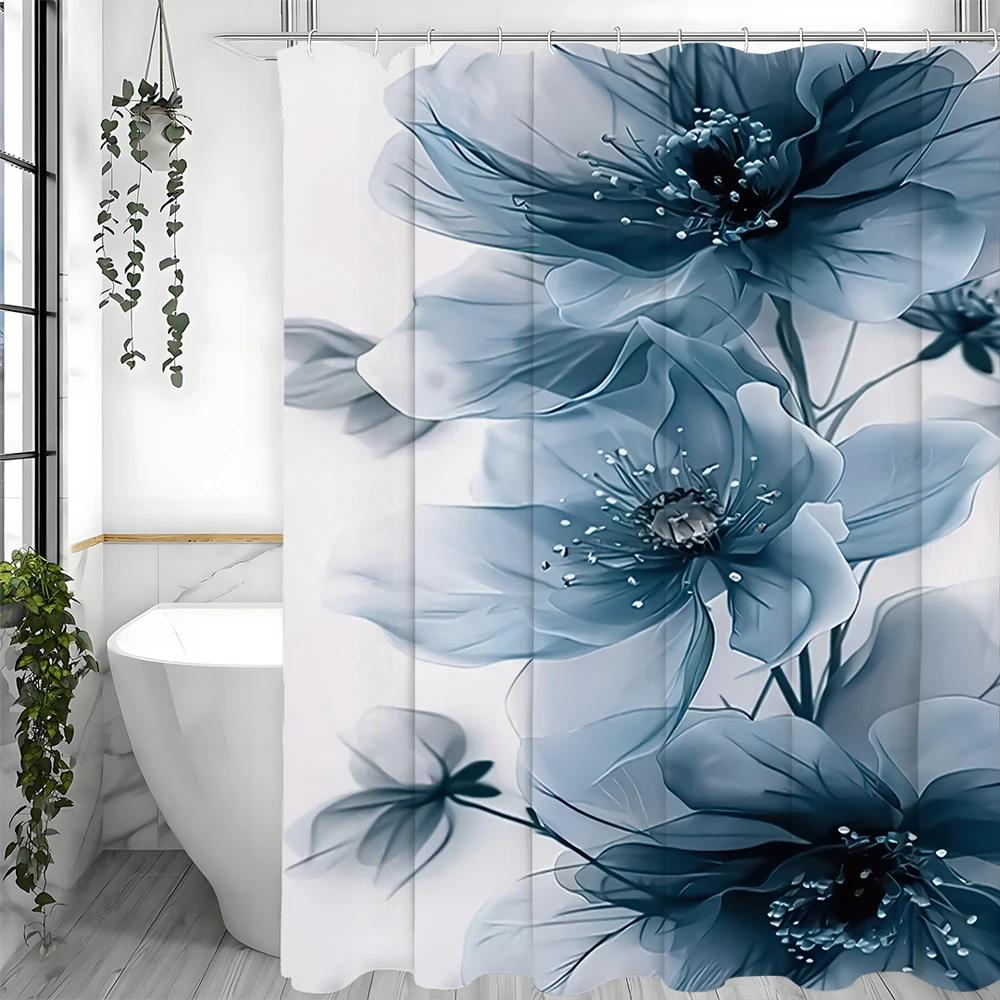 Niebieska kwiatowa zasłona prysznicowa, Dekoracyjna zasłona prysznicowa do łazienki, Wodoodporna zasłona prysznicowa z haczykami