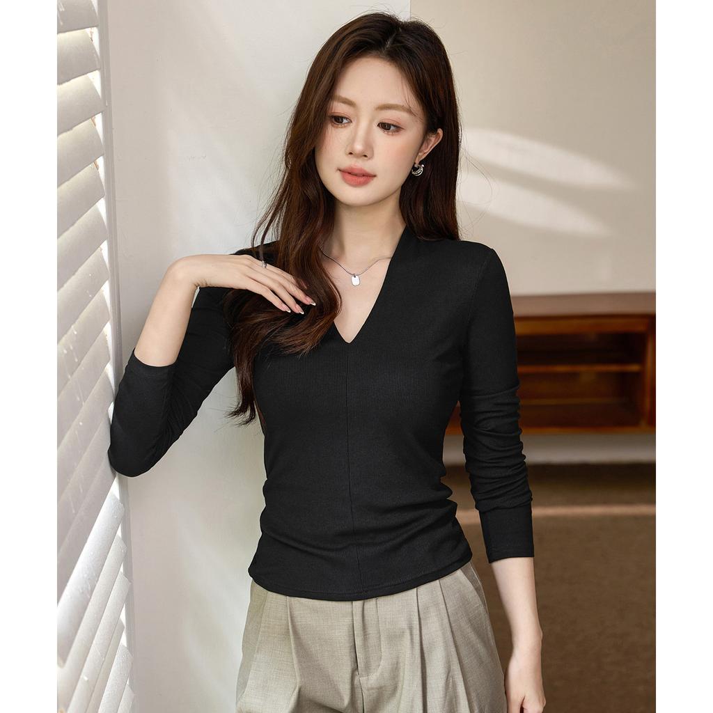 Deep V-neck T-shirt for Women In Women's Long-sleeved Autumn New Slim-fitting Base Shirt Top