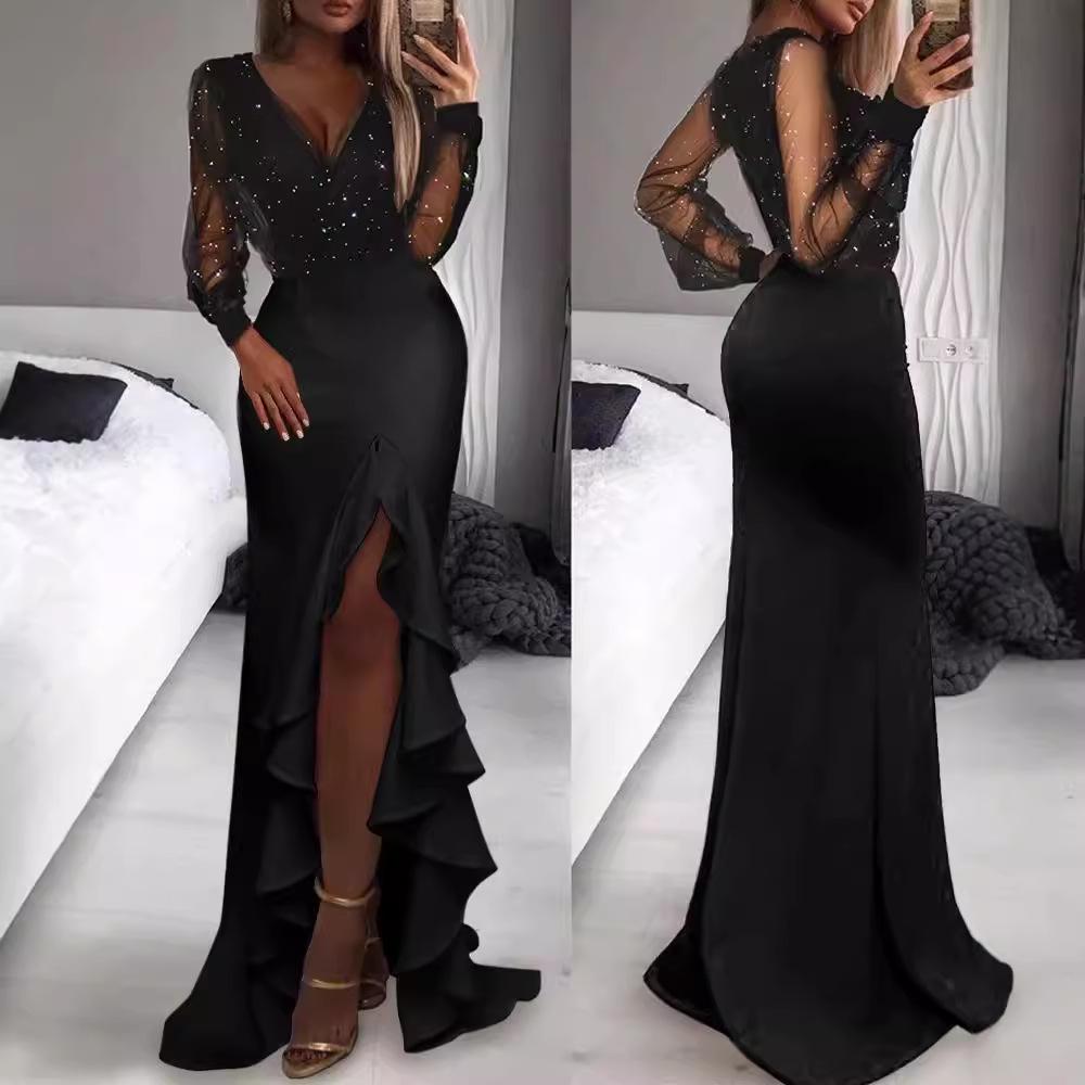 2025 Elegant Black Mesh Sequin Mid-Waist Long Skirt Dress
