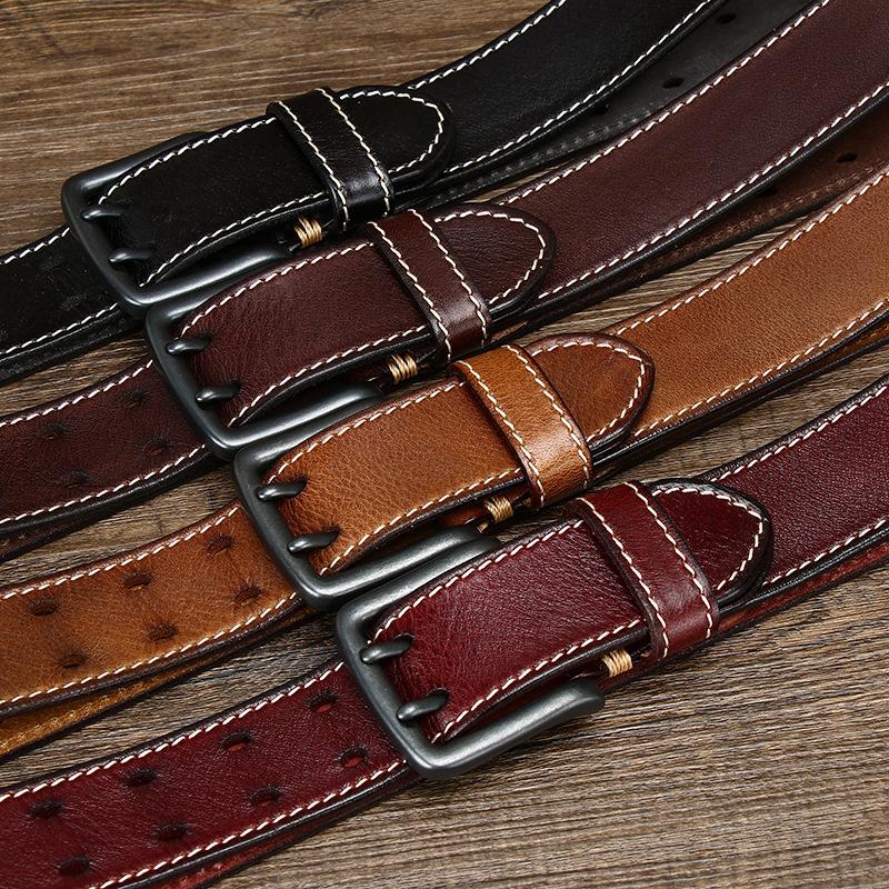 Belt Men's Retro Trendy All-Match Italian First Layer Cowhide Double Pin Buckle Genuine Leather Jeans Belt