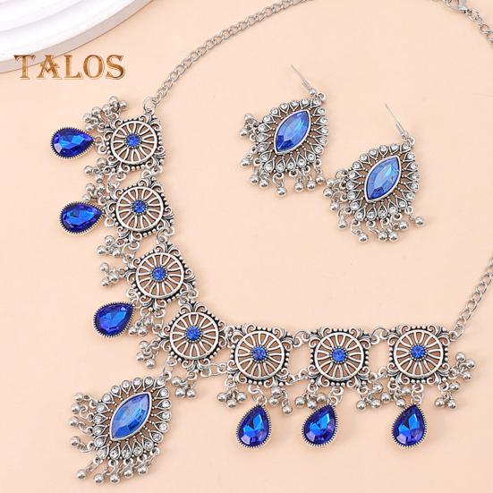 1 Set Necklace Earrings Set Rhinestone Decor Water Drop Bohemian Hollow Out Symmetric Polished Prom Party Wedding Party Bride Jewelry Set