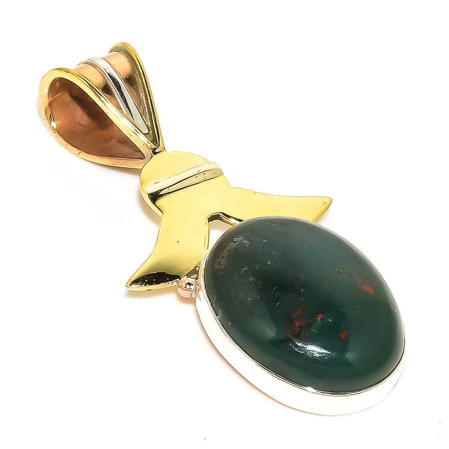 

Natural Bloodstone Gemstone TwoTone 925 Solid Sterling Silver Pendant 1.50 p7W61