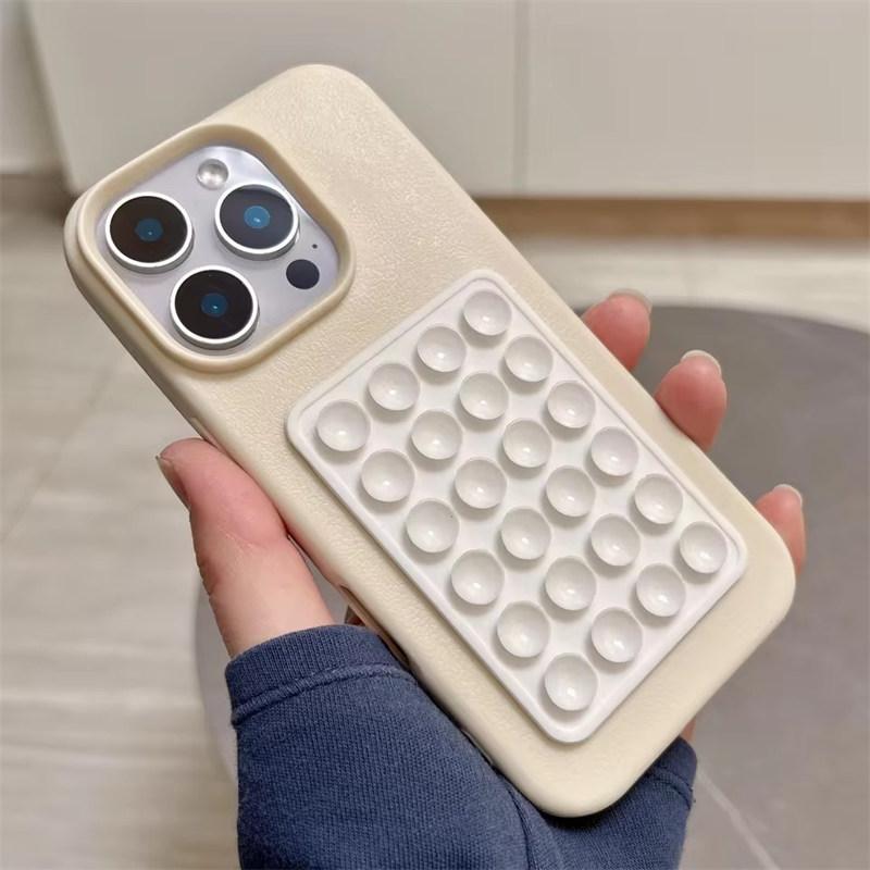 Luxury 3D Suction Cup Stand Litchi Pattern Phone Case For iPhone17 16 15 14 Plus 13 12 11 Pro Max XR X XS Soft Shockproof Cover