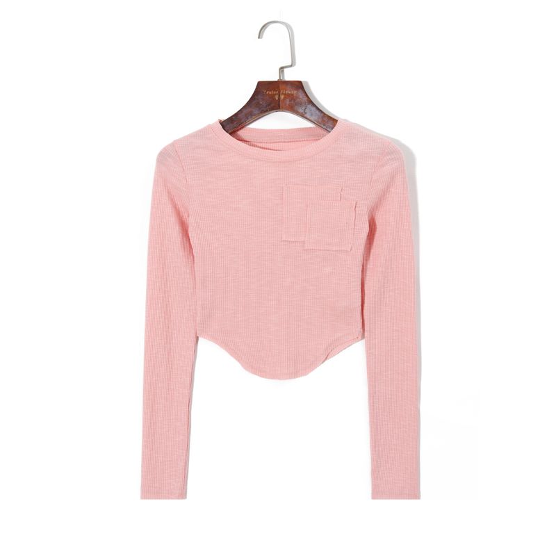 

2025 Women s Spring Clothing Minimalist Pure Color round Neck Pullover Long Sleeves Silm Stretch Plaid Asymmetrical Short T-shirt Pink S