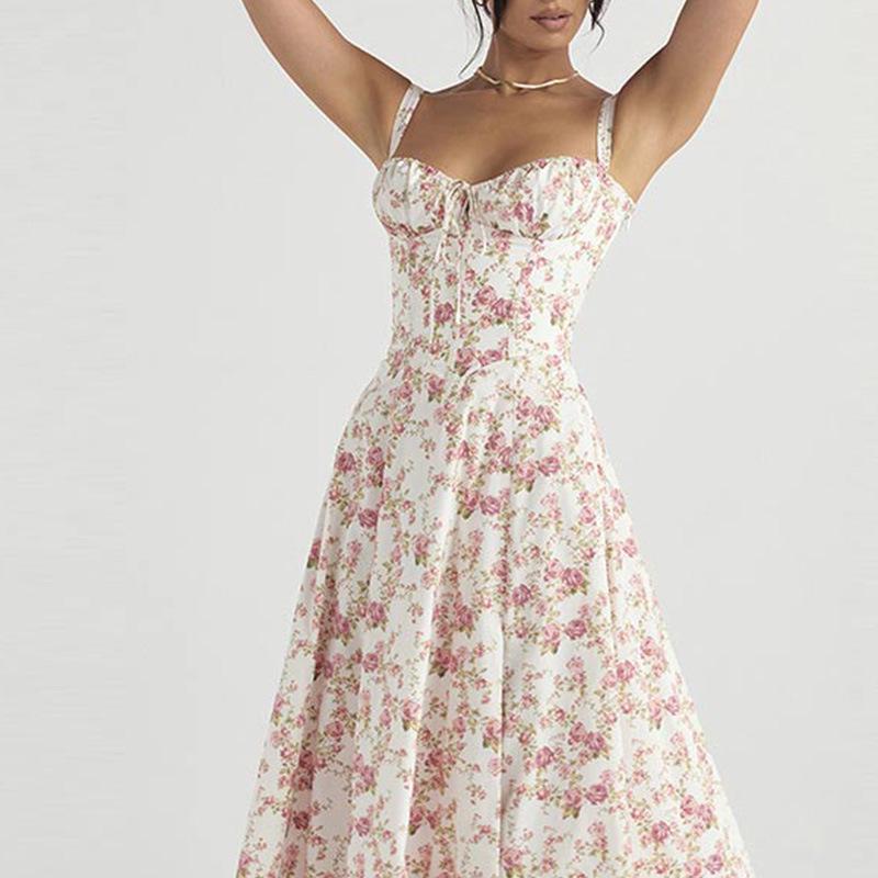 2026 Spring Women's Elegant Floral Slit Lace-up Dress - European & American Style