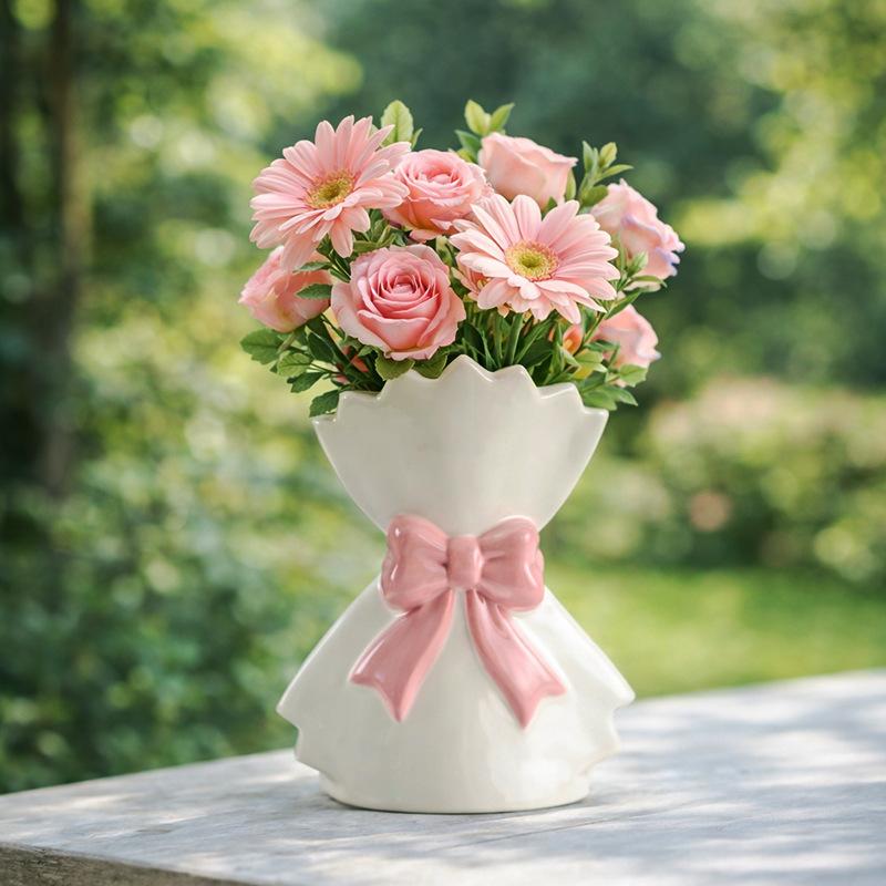 Ceramic Vase Hand-held Flower Arrangement Creative Bow Ceramic Vase Living Room Decor Artificial Flower Container Birthday Gift