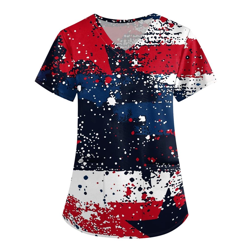 Women V Neck Short Sleeve Printed Scrub Top Nurse Uniform Shirt Comfortable Lightweight Fabric Loose Fit