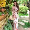 French one-word shoulder floral suspender dress women's summer seaside vacation temperament waist slim ruffle edge dress