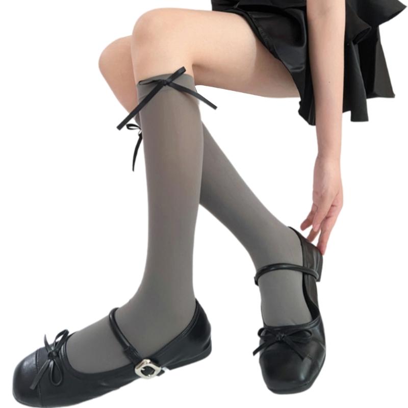 Ballett Elegante Samt Over-the-Calf Lange Socken für Damen Mädchen Süße Band Schleife Einfarbig Oberschenkelhohe Strümpfe