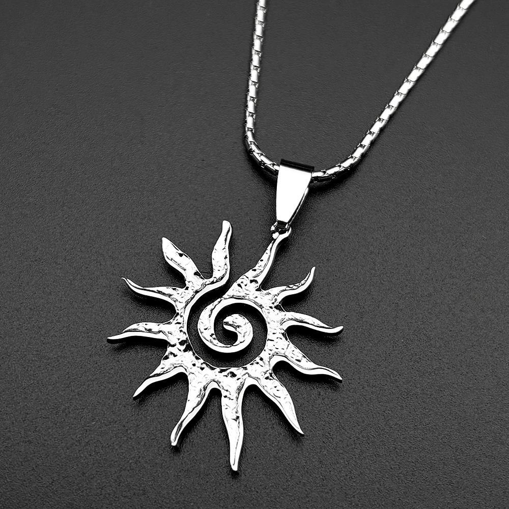 Spiral Sun Pendant Necklace For Women Men Stainless Steel Silver Color Daily Wear Boho Vintage Chic Neck Chain Gift Jewelry