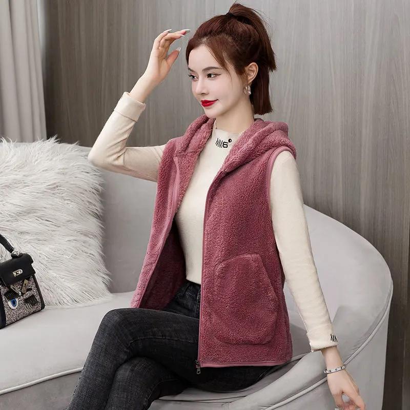 

Осенне-зимний женский безрукавный жилет большого размера, свободный повседневный жилет, свободный утолщенный жилет, двусторонний флисовый жилет, женский флисовый жилет с капюшоном XXXL розовый