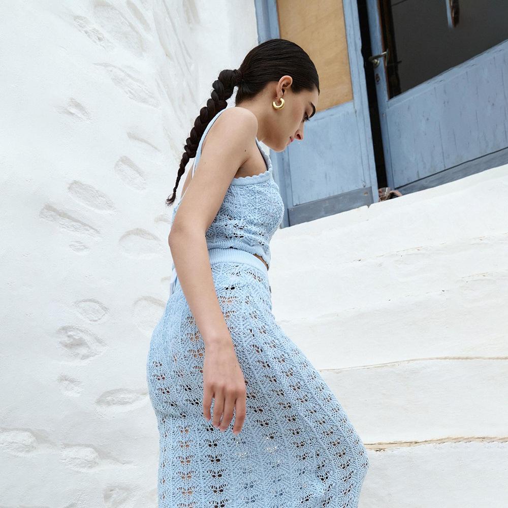 

Новый летний сексуальный ажурный вязаный жилет-рубашка для отдыха на море, отпуска, пляжа, юбочный костюм S синий