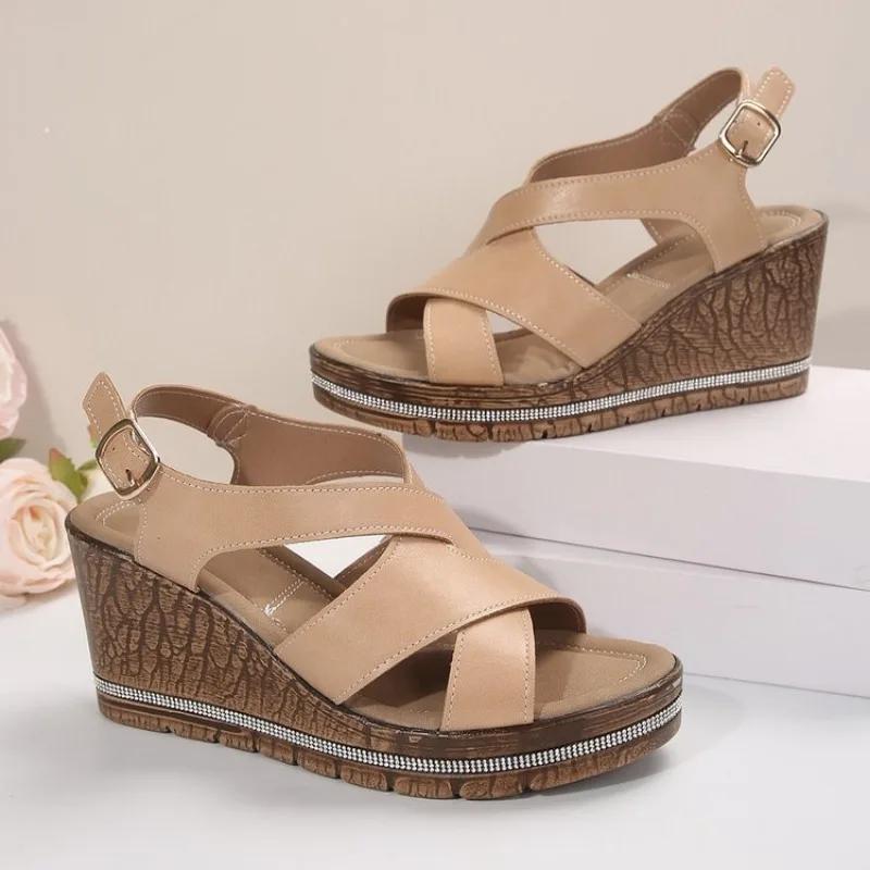 Fashion Wedge Sandals for Women Summer 2024Casual Non-slip Peep Toe Platform Shoes Rubber Sole Buckle Elegant Heel Woman Sandale