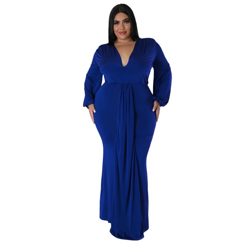 Plus Size Black Deep V Neck Long Sleeve Ruched Bodycon Maxi Dress