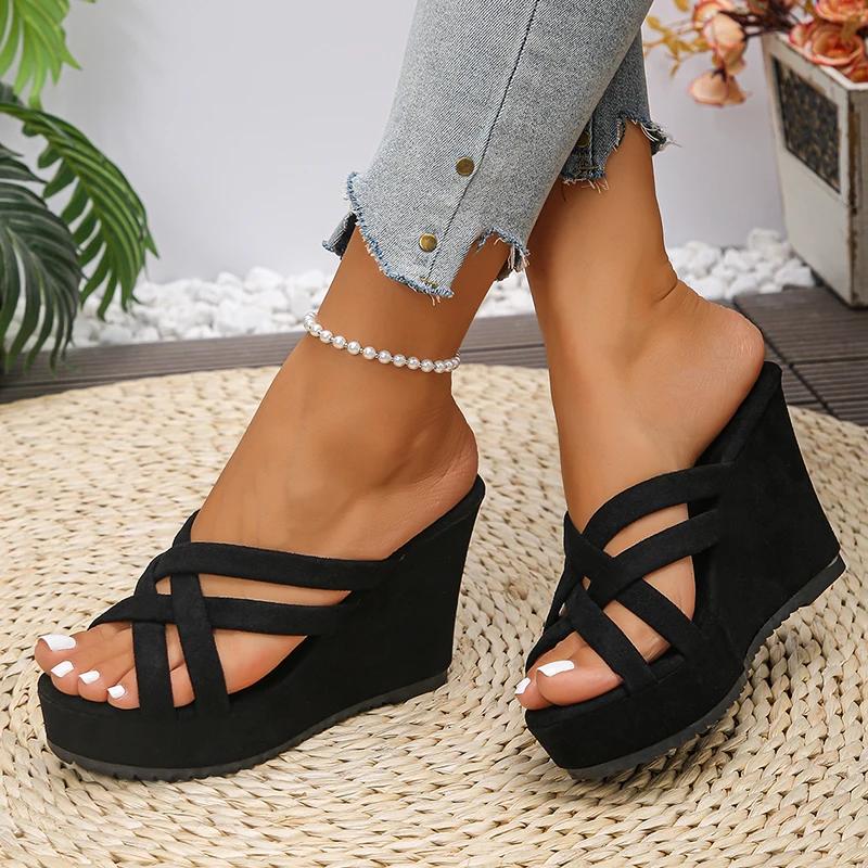 Roman Cross Strap Wedges Sandals Women 2025 Summer Thick Sole Non Slip Slippers Plus Size Comfort Chunky Platform Beach Shoes