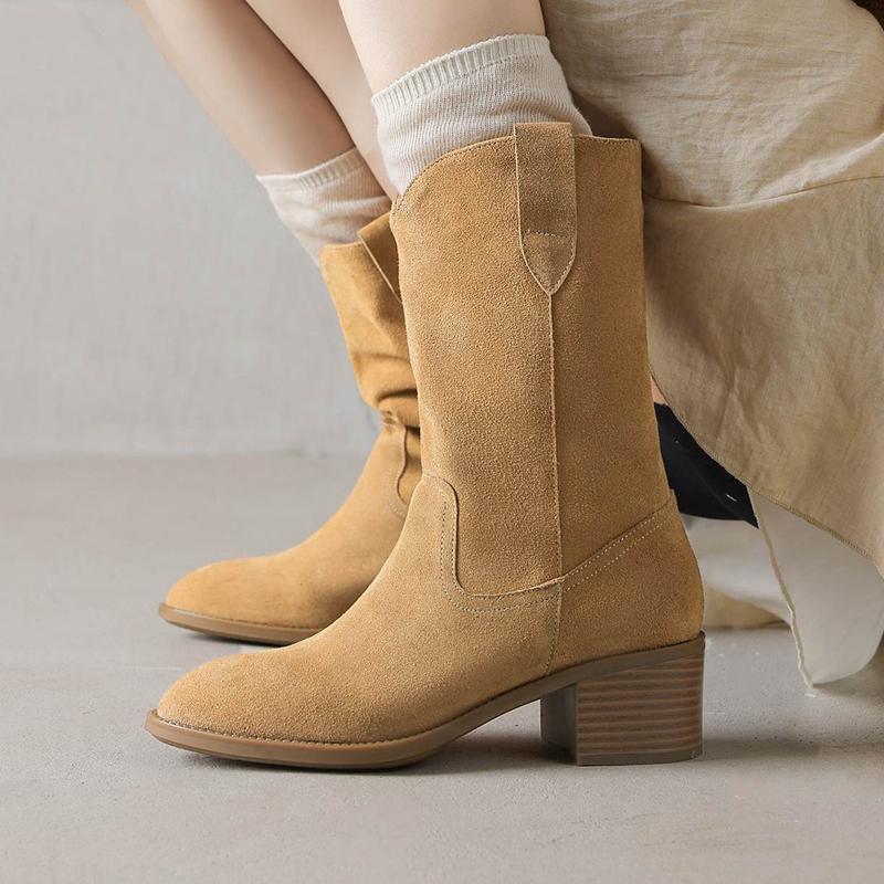 Krazing Pot Cow Suede Nubuck Winter Round Toe Modern Boots Med Heels Slip on Knitwear Women Mid-calf Boots