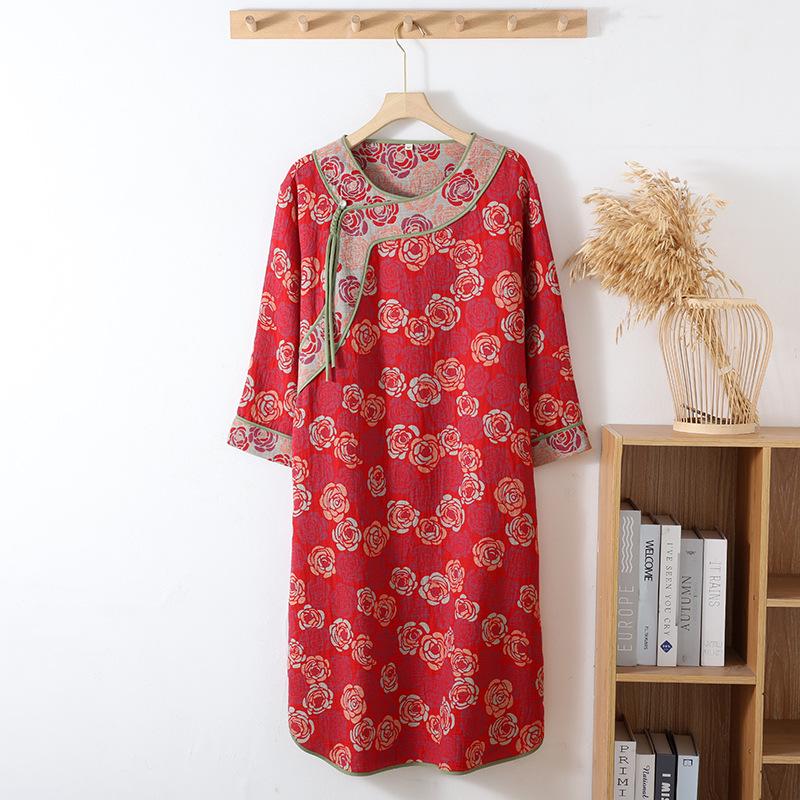 

Women s Classic Chinese Cotton Gauze Nightgown | Loose Fit | Mid-Length | Ideal for Spring, Summer, and Autumn Large