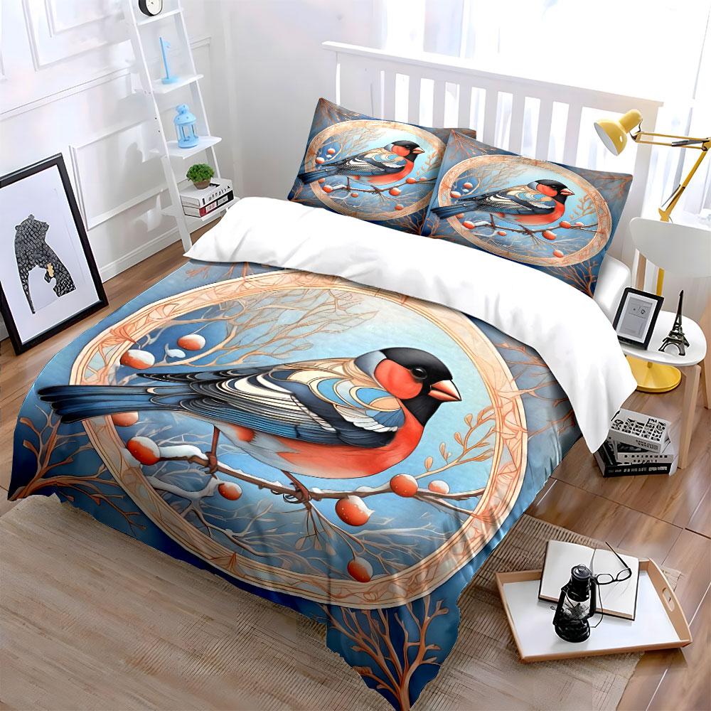 Bird Art Print Set - Winter Decor Bedding Set with 1 Duvet Cover 2 Pillowcases Single Double King Queen Gift