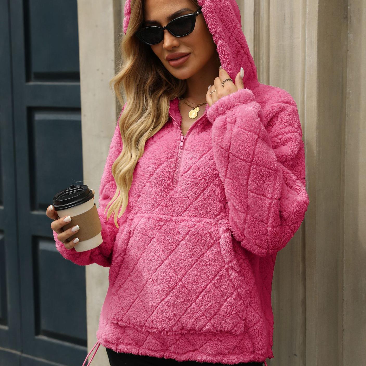 

Женская свободная флисовая толстовка с капюшоном на полумолнии, зимний пуловер из шерпы, толстовки с длинными рукавами и карманами, удобная теплая верхняя одежда для женщин XXL