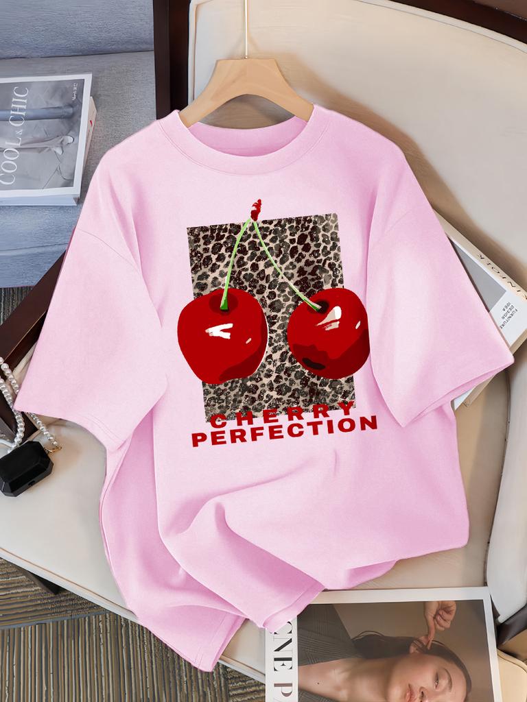 Fashion Leopard And Cherry Perfection Pattern T Shirt Women Summer Soft Tops Cotton All-Match Short Sleeve O-Neck Loose T-Shirts