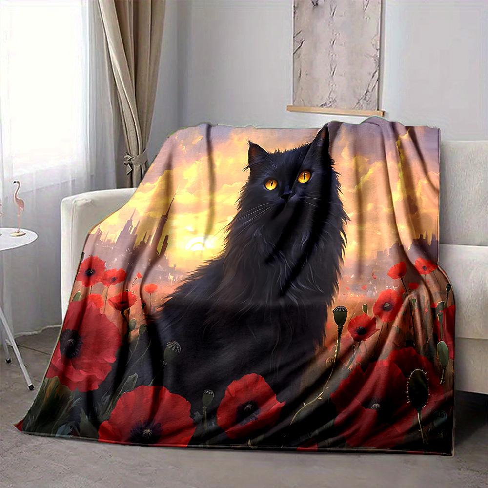 1pc Cat Flowers Blanket, Lightweight Flannel Throw Blanket For Sofa, Bed, Travel, Camping, Living Room, Office, Couch, Chair, And Bed