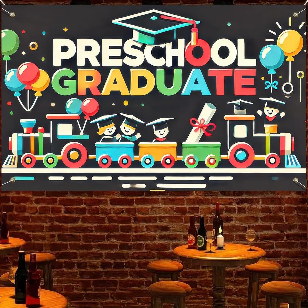 Preschool Graduation Banner Outdoor Backdrop Graduation Decorations 71x43 Inches 2025 Congrats Grad Banner with Balloons Train Ideal for Preschool