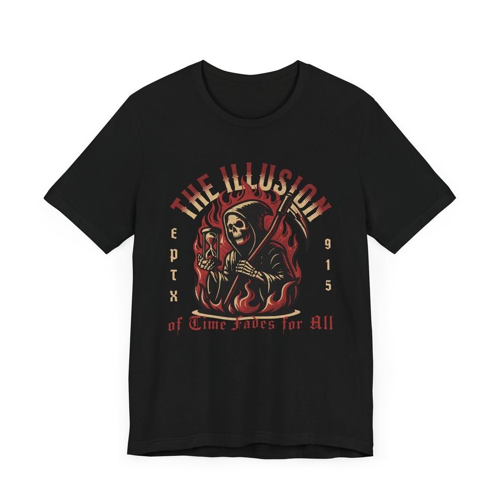 

Grim Reaper The Illusion of Time Fades for All T-Shirt Death Scythe Time Clock Unisex T-Shirt XXXXL