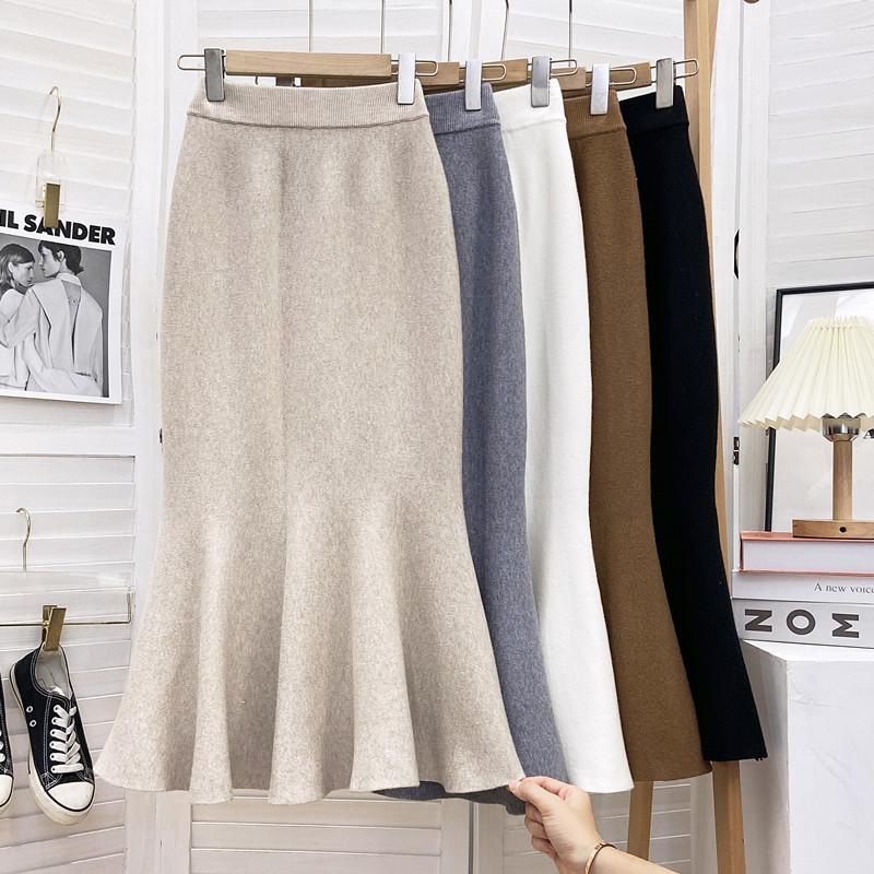 Mid To Long Knitted Fishtail Skirt for Women Autumn and Winter High Waist and Hip Hugging Skirt Half Skirt