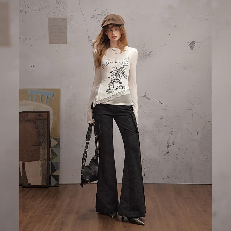unifree Retro Colorblock Distressed Flared Casual Pants