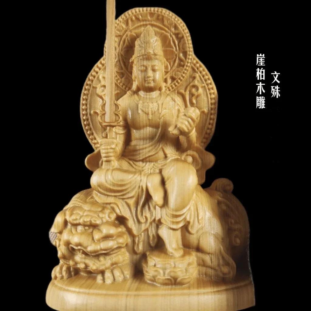 Cliff Cypress Wood Carving Manjusri Samantabhadra Bodhisattva Ornament Solid Wood Carving Crafts Home Furnishings Decoration